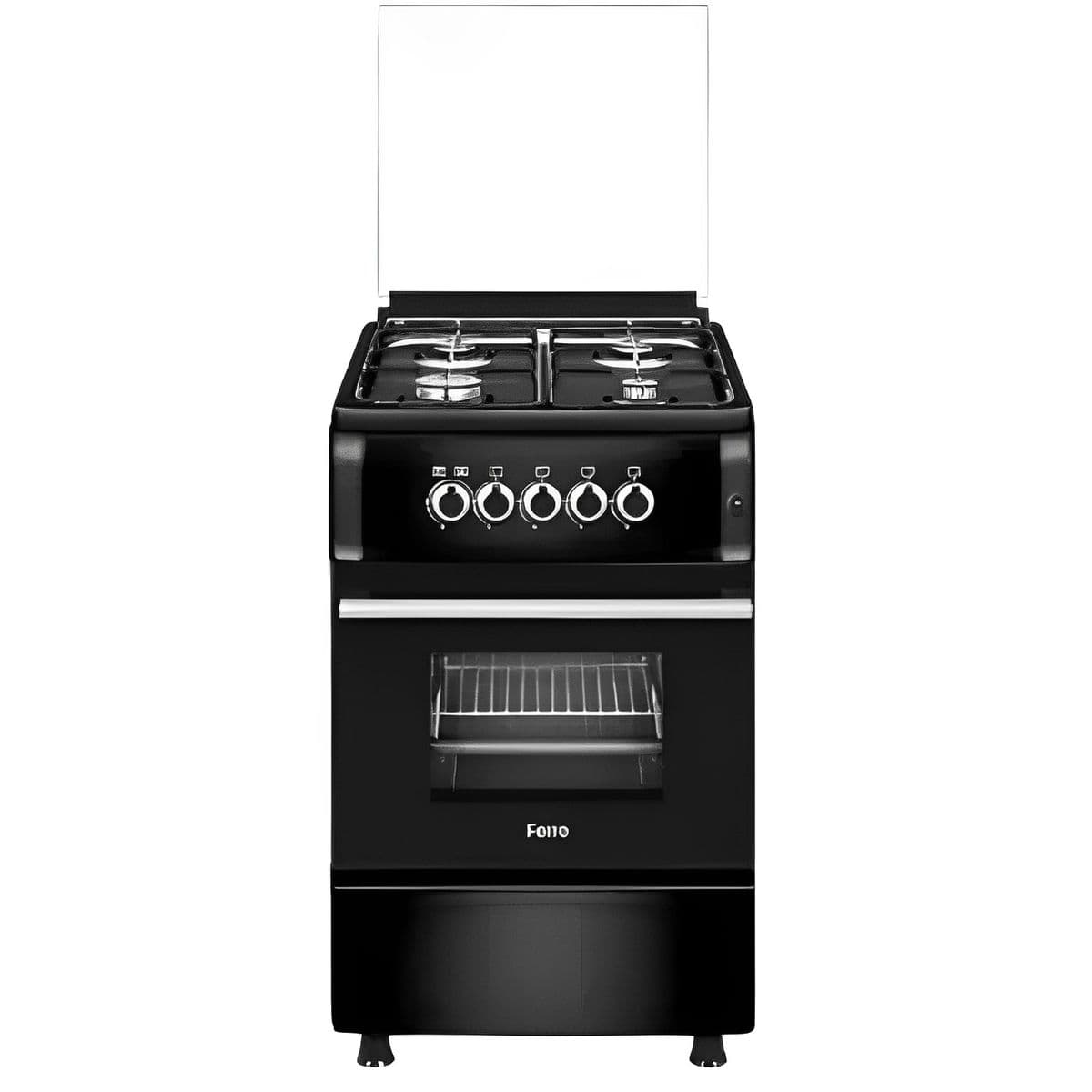 Ferre 50x60cm FREE STANDING COOKER - 4 Gas, Gas Oven, FFD, Enamel Grid, Splash Back, 1 Pan, Black