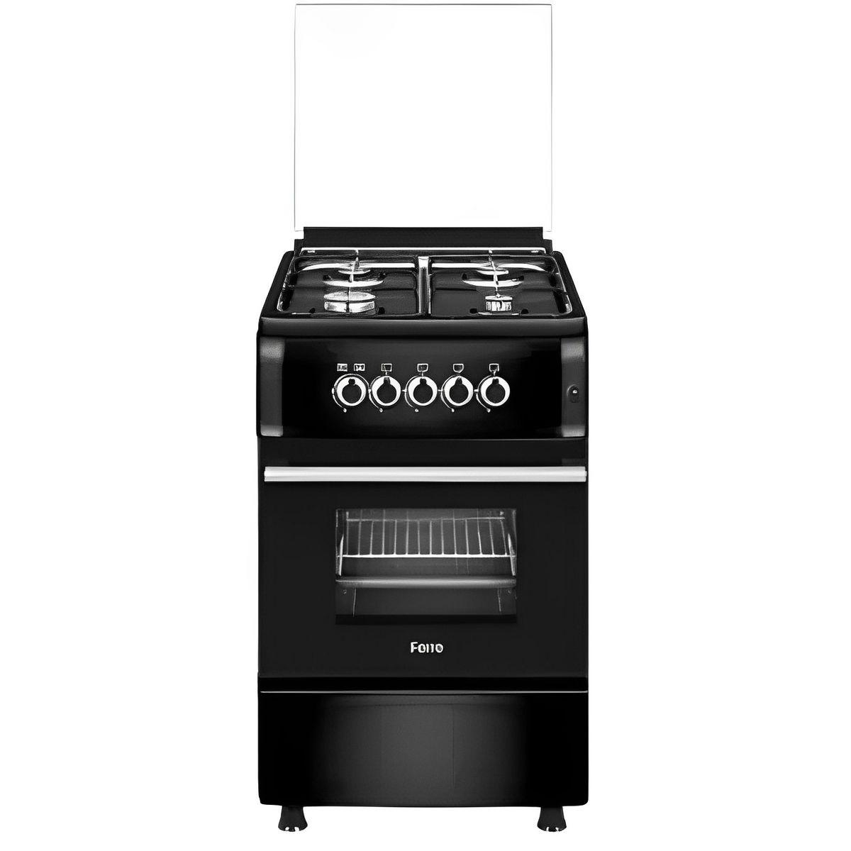 Ferre 50x60cm FREE STANDING COOKER - 4 Gas, Gas Oven, FFD, Enamel Grid, Splash Back, 1 Pan, Black